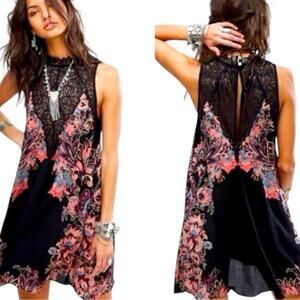 Free People NWT Marsha Black floral Paisley Print Lace Slip Dress Size Small